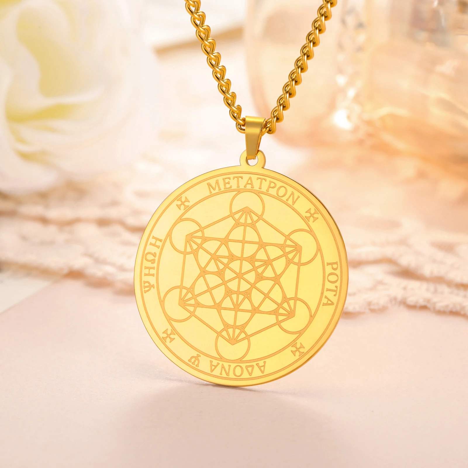COOLTIME Metatron’s Cube Pendant Necklace Vintage Sacred Spiritual Protection Amulet Stainless Steel Necklace for Women Men