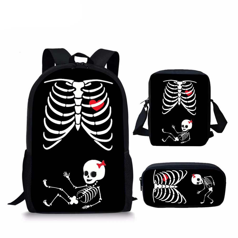 Tas sekolah motif kerangka gaya Halloween, Set tas sekolah 3 buah untuk anak-anak laki-laki perempuan, tas penyimpanan kasual pelajar, tas buku Laptop remaja