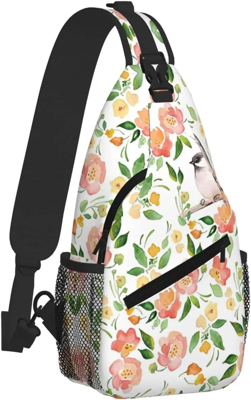 Flower and Bird print Small Sling Backpack Crossbody Sling Bag, Chest Bag Daypack Fanny Pack for Outdoors Reusable Multipurpose