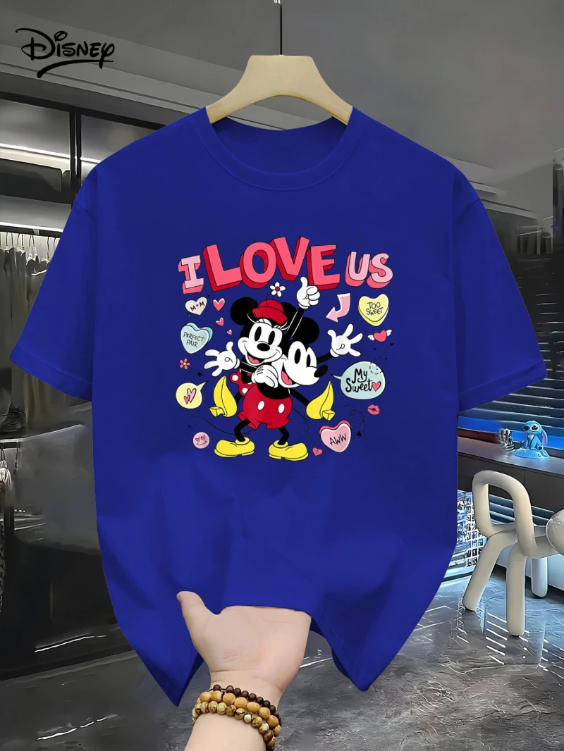 

Disney Summer T-shirt, Men's and Women's Casual Round Neck Top, Mickey and Minnie Pattern, Slightly Elastic, Knitted Fabric