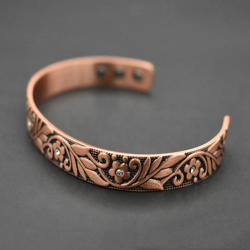 Ethnic Flower Pattern Copper Bracelet for Men Women Enhanced Magnetic Bracelets ,Pure Copper Jewelry Adjustable Cuff Bangle