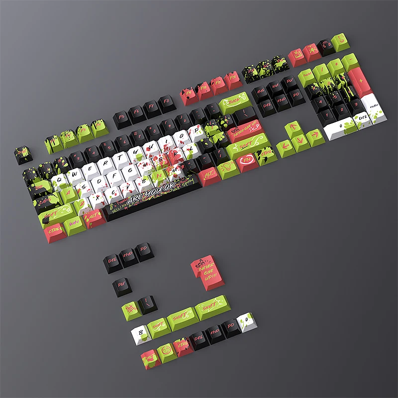 

Red and green graffiti keycaps are sublimated. Original factory height is small, and a full set of 126-key PBT is customized.