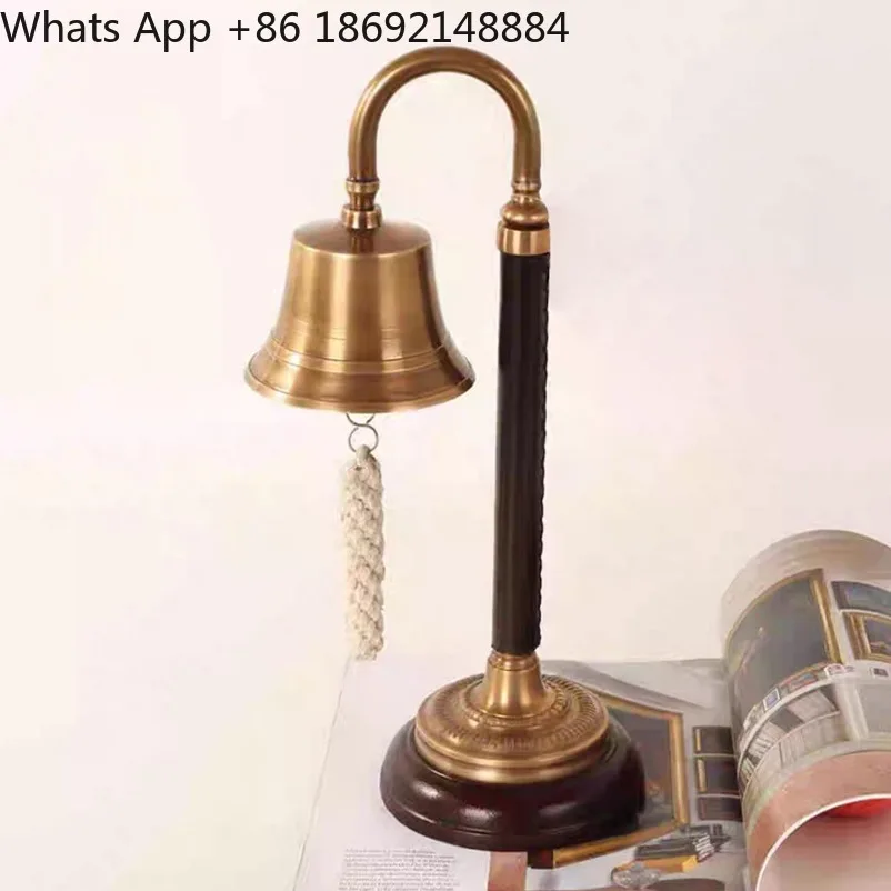 Vintage Brass Hand Crank Bell Desktop Ornament with Rope, Restaurant Service Call Bell Decor for Model Room