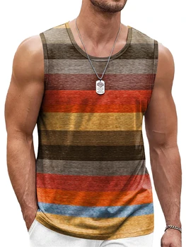 Striped Graphic Tank Top 2 Retro Striped Graphic Tank Tops For Men Fashion Casual Summer Sleeveless 3D Printed Vest Loose Crew Neck Quick Dry Sports Tees 2