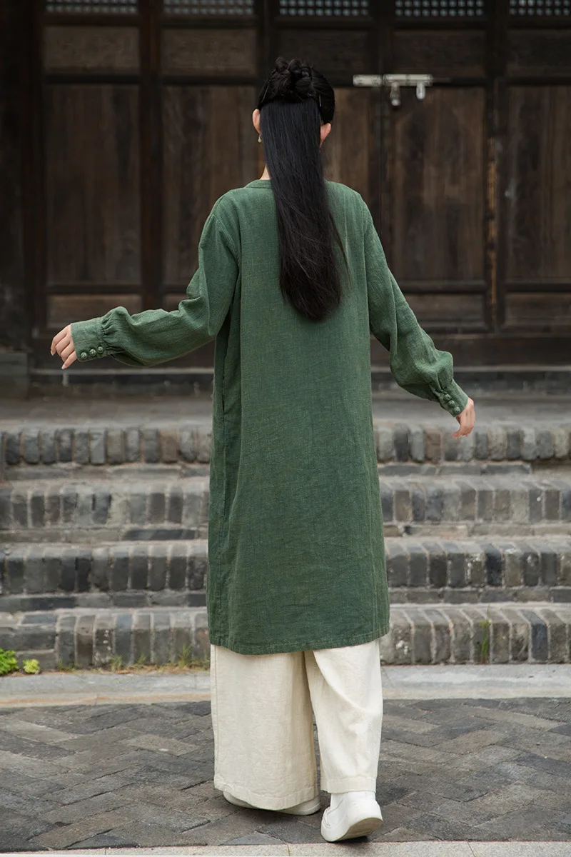 Autumn Ramie Dress: Sand-Washed Tea Zen Robe, Qipao-Inspired