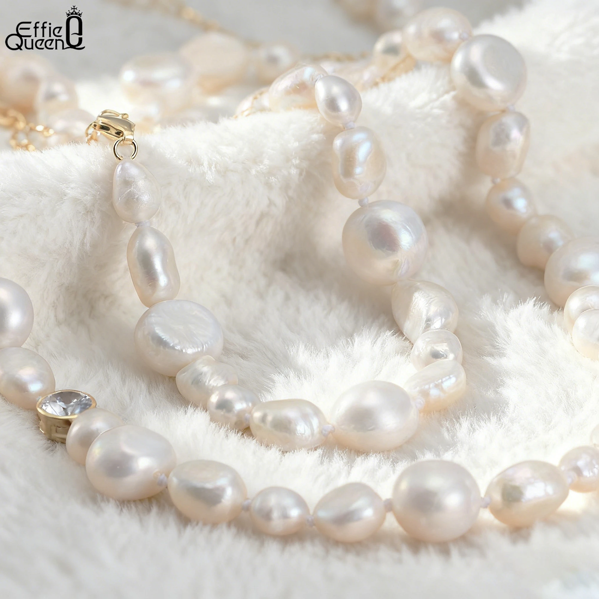 EFFIE QUEEN 925 Pure Silver 14k Gold Baroque Pearl Chain Choker Necklace Plus Zirconia Natural Jewelry for Women Banquet GPN70
