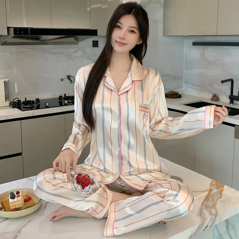 Striped Love Print Long Sleeve Pajama Set Casual Basic Sleepwear with Lapel Collar and Button Detail Women's Pajamas Spring New