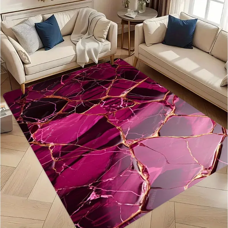 Magenta Marble with Gold Veins Area Rug Luxury Pattern Floormat Ideal for Living Room Decor Bedroom Bed Blanket Carpet