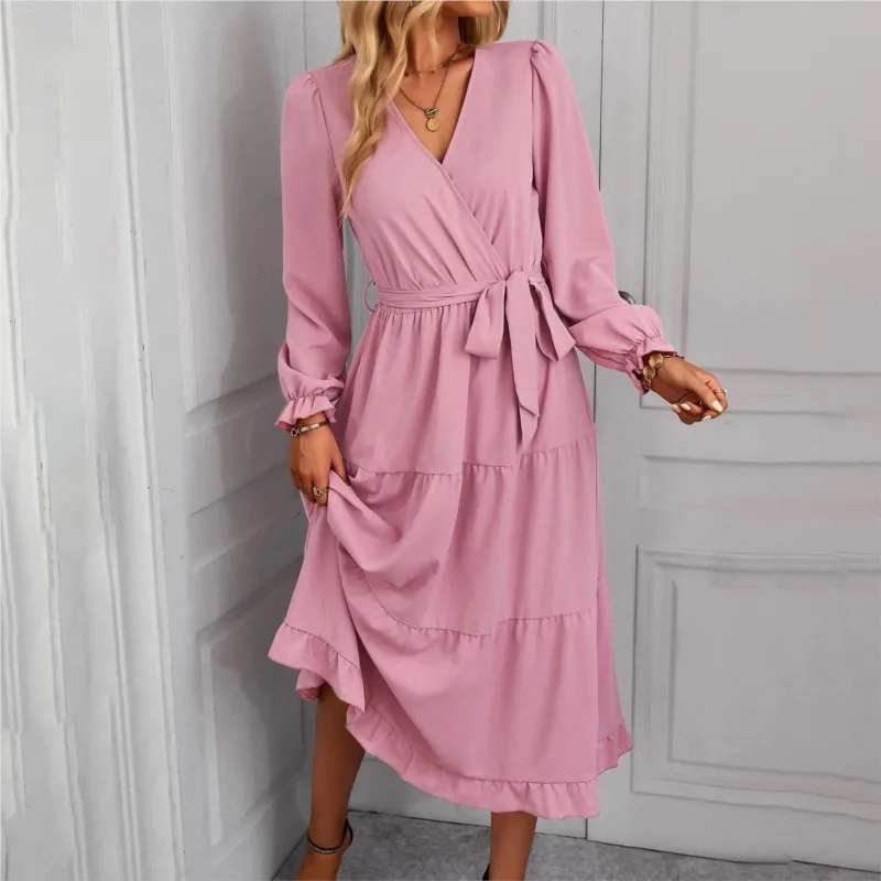 Vestido largo de otoño para mujer, vestido de Color liso con pantalla grande, mangas de burbuja con lazo elegante para mujer, vestido largo de cintura alta con cuello en V