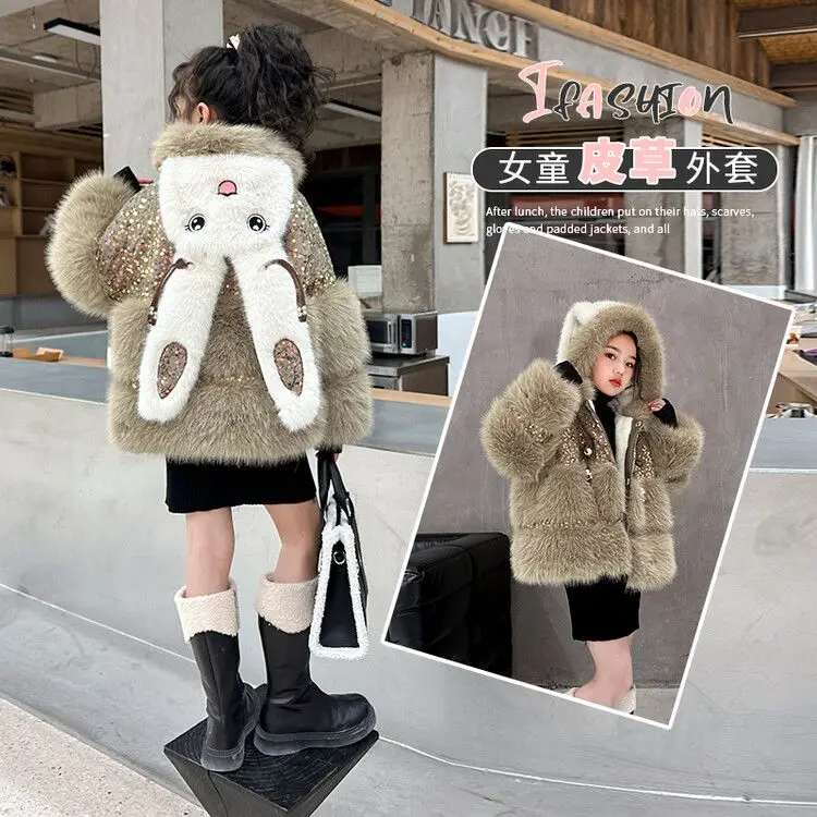 Sparkly Sequin & Faux Fur Girls Winter Coat Cute 3D Bunny Hood Chinese Knot Design Warm Jacket Kids Princess Fashion Outerwear