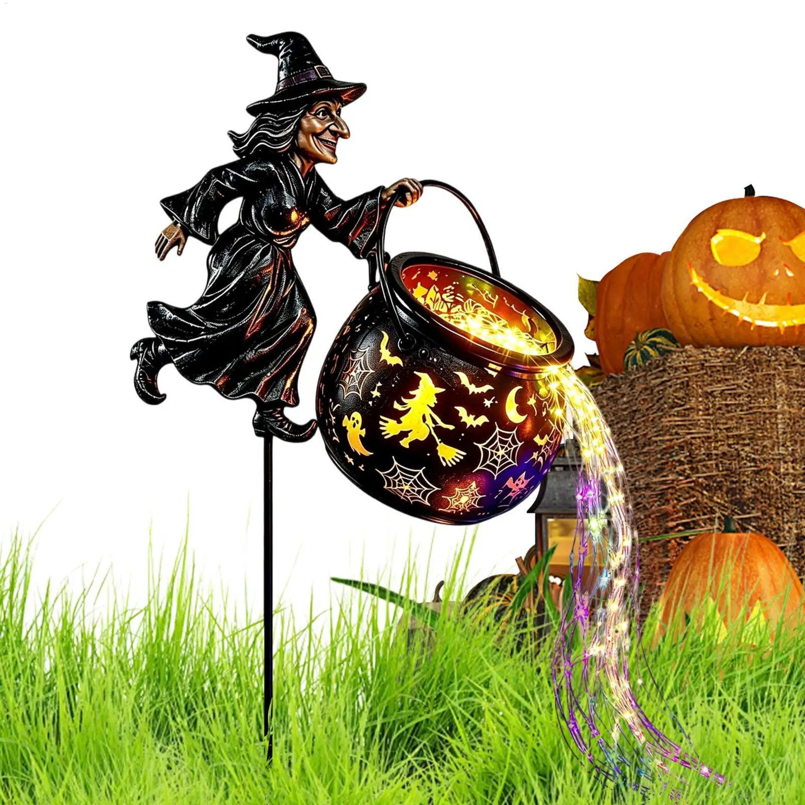LED Hollow Lighted Stake Decor Flying Witch Cauldron Stake Light Colorful Halloween Lawn Decor for Holiday Party Lawn  Home