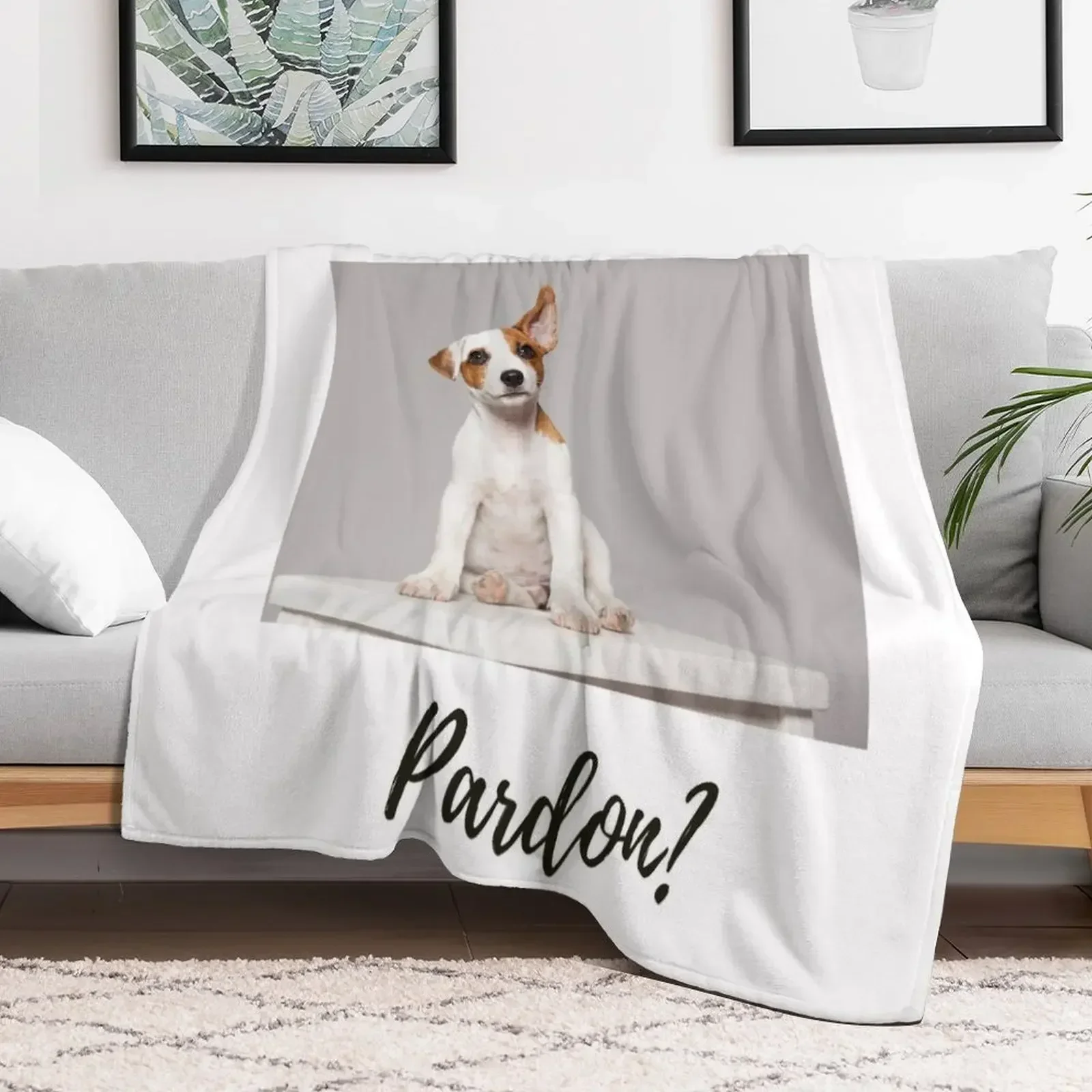 Pardon? Jack Russell Terrier puppy. Sitting. One ear folded over, the other pointed upwards Throw Blanket