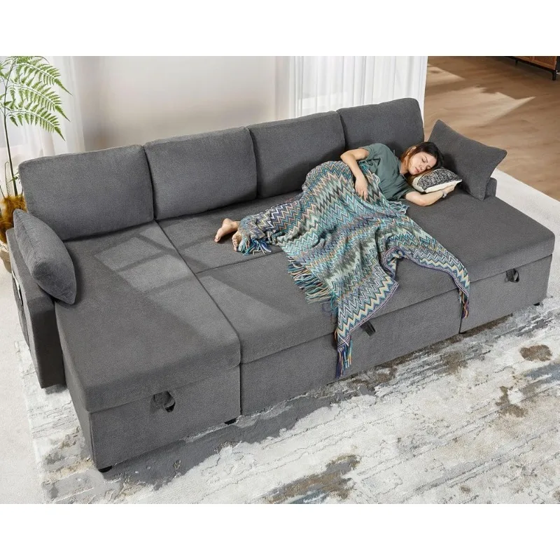 Oversized Sleeper Sofa 110 Inch 2 in 1 Pull Out Bed Sectional Couch with Storage Chaise Grey Linen