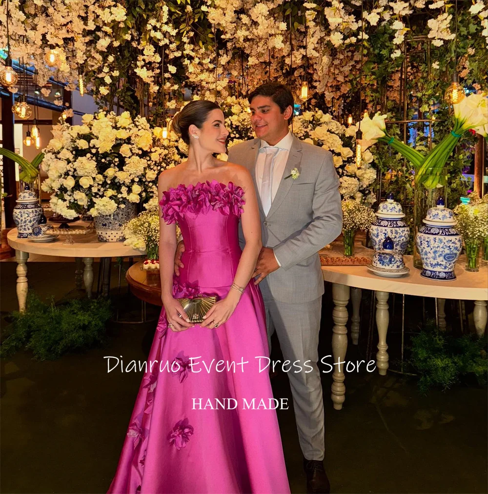 Dianruo ホットピンクノースリーブイブニングドレス 3D 花エレガントなサテン Vestidos デ フィエスタ ストラップレス A ライン誕生日ドレスカスタマイズ