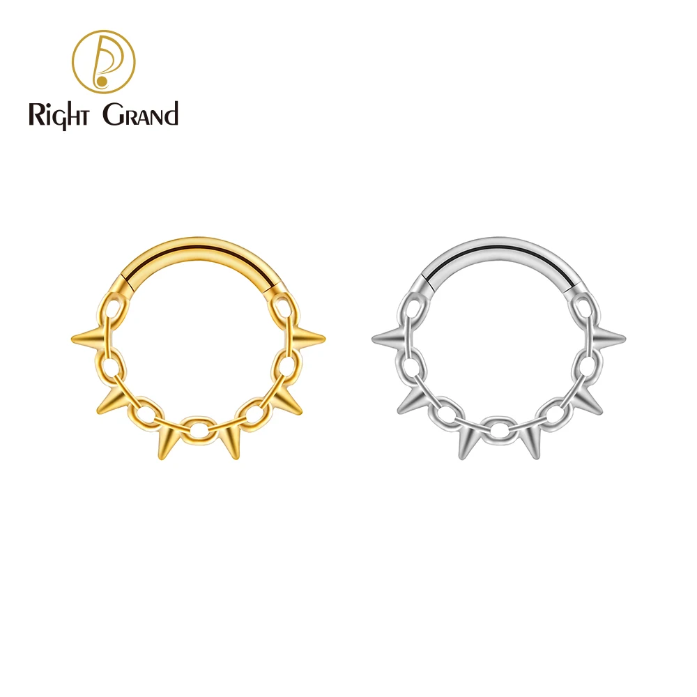 Right Grand ASTM F136 Titanium 16G Punk Chain and Spike Hinged Clicker Segment Hoop Ring Daith Earring Septem Nose Piercing