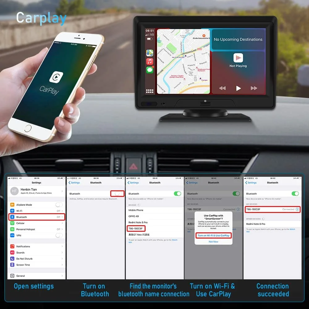 Karadar portátil carplay android auto 7 Polegada gps navegação display de áudio vídeo frente câmeras backup bluetooth wifi fm tmc