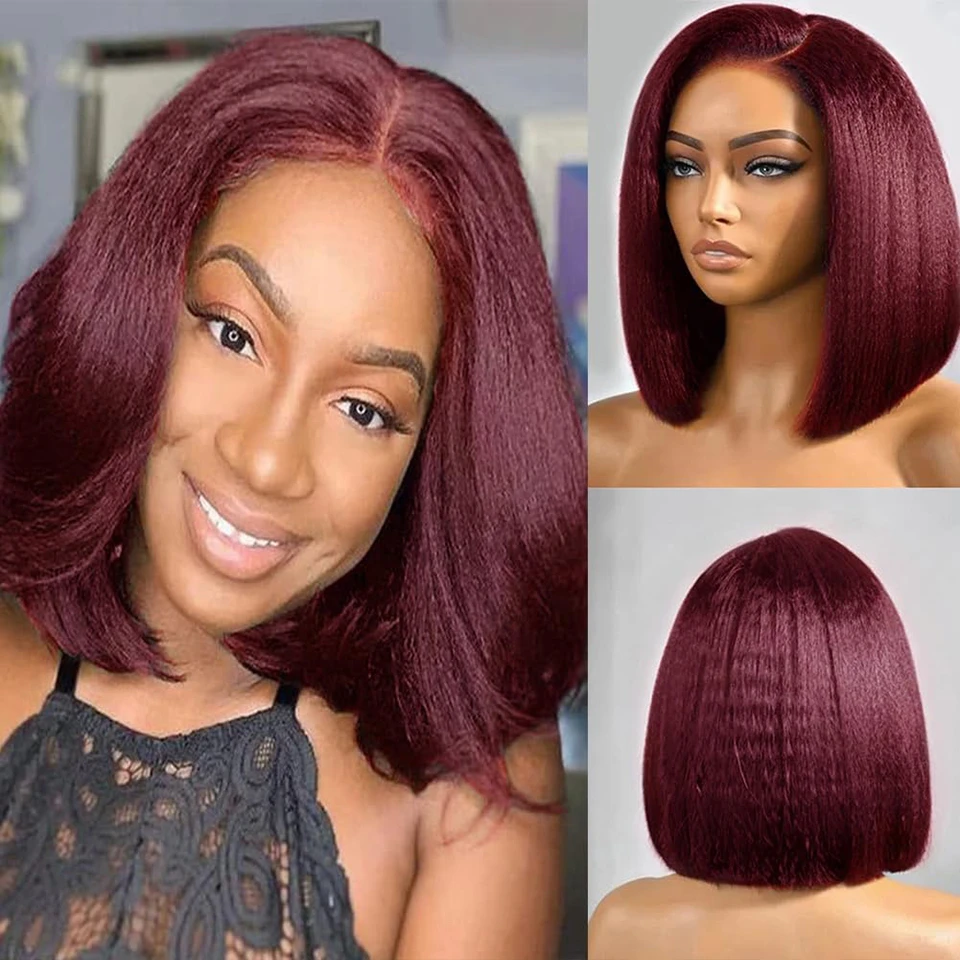 

99J Burgundy Kinky Straight Bob Wig Human Hair Short Kinky Straight Colored Human Hair Wigs 13X4 Lace Frontal Wigs