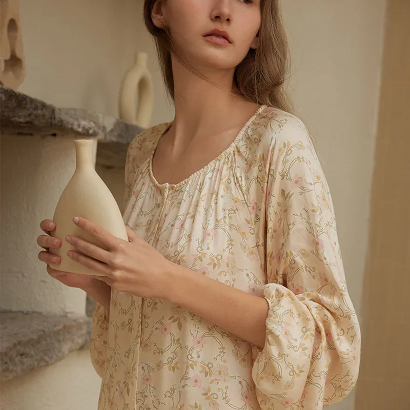 Women Sweet Full Sleeves Printed Nightdress Simple Round Neck Cardigan Knee-Length Nightie Loose Design Viscose Soft Home Dress