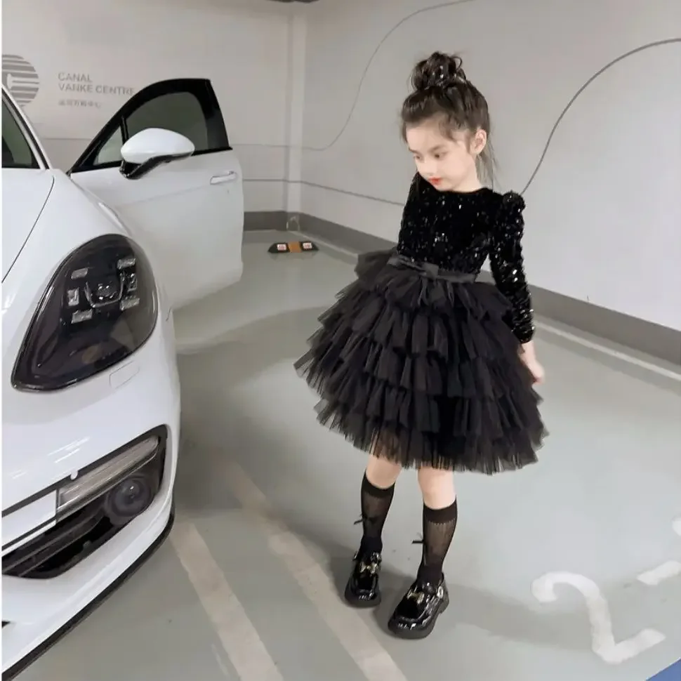 

Childrens Dress Autumn and Winter New Hepburn Style Black Sequined Fluffy Birthday Cake Dress Kids Clothes