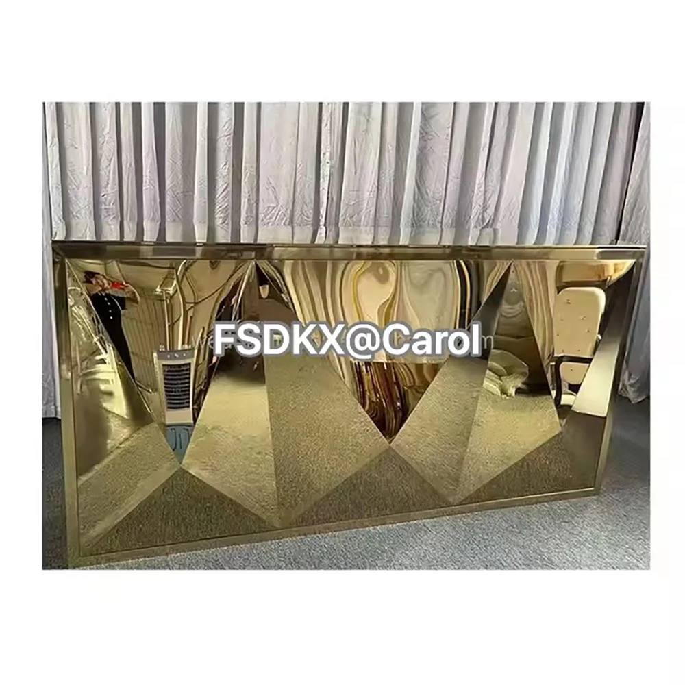 

FSDKX Bar Counter Unique Design Golden Stainless Steel Cabinet Metal Table For Wedding Banquet Party Event Decoration