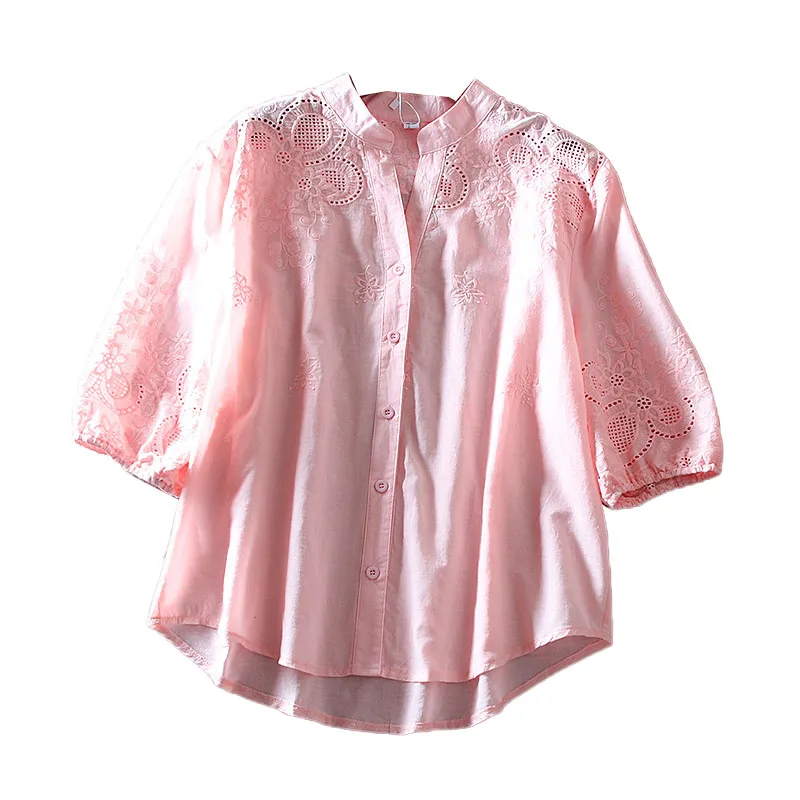 レトロなコットンリネン、透かし刺繍、重工業デザイン、ゆったりとしたカジュアルなVネック、エレガントな女性用トップス、通勤用