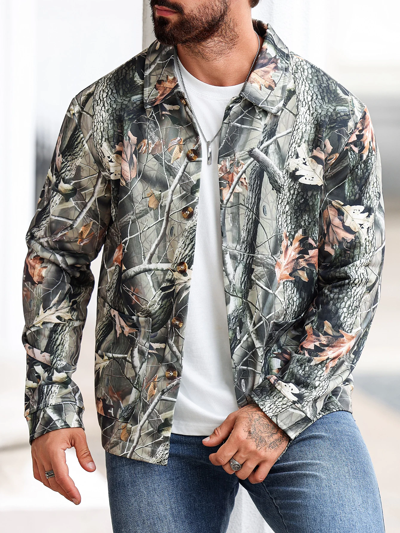 Men's Jungle Camouflage Pocket Button Shirt Jacket, Lapel Design, Tropical Camouflage Graphic Print, Front Pockets, Durable Fabr