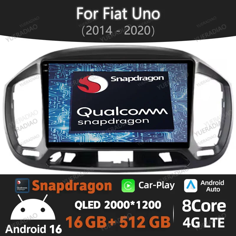 Radio para Auto Android 16 para Fiat Uno 2014 2015 2016 2017 2018 2019 2020 QLED 2DIN 4G LTE 5G WIFI GPS NAVI Unidad Principal BT Qualcomm