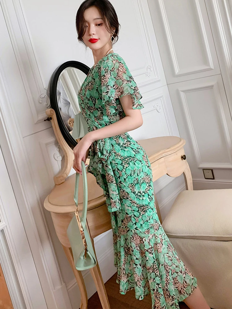 Urlaub Lange Kleider für Frauen Süße Elegante Chiffon Kurzarm Rüschen Gürtel Fischschwanz Robe Party Straße Urlaub Vestido Mujer