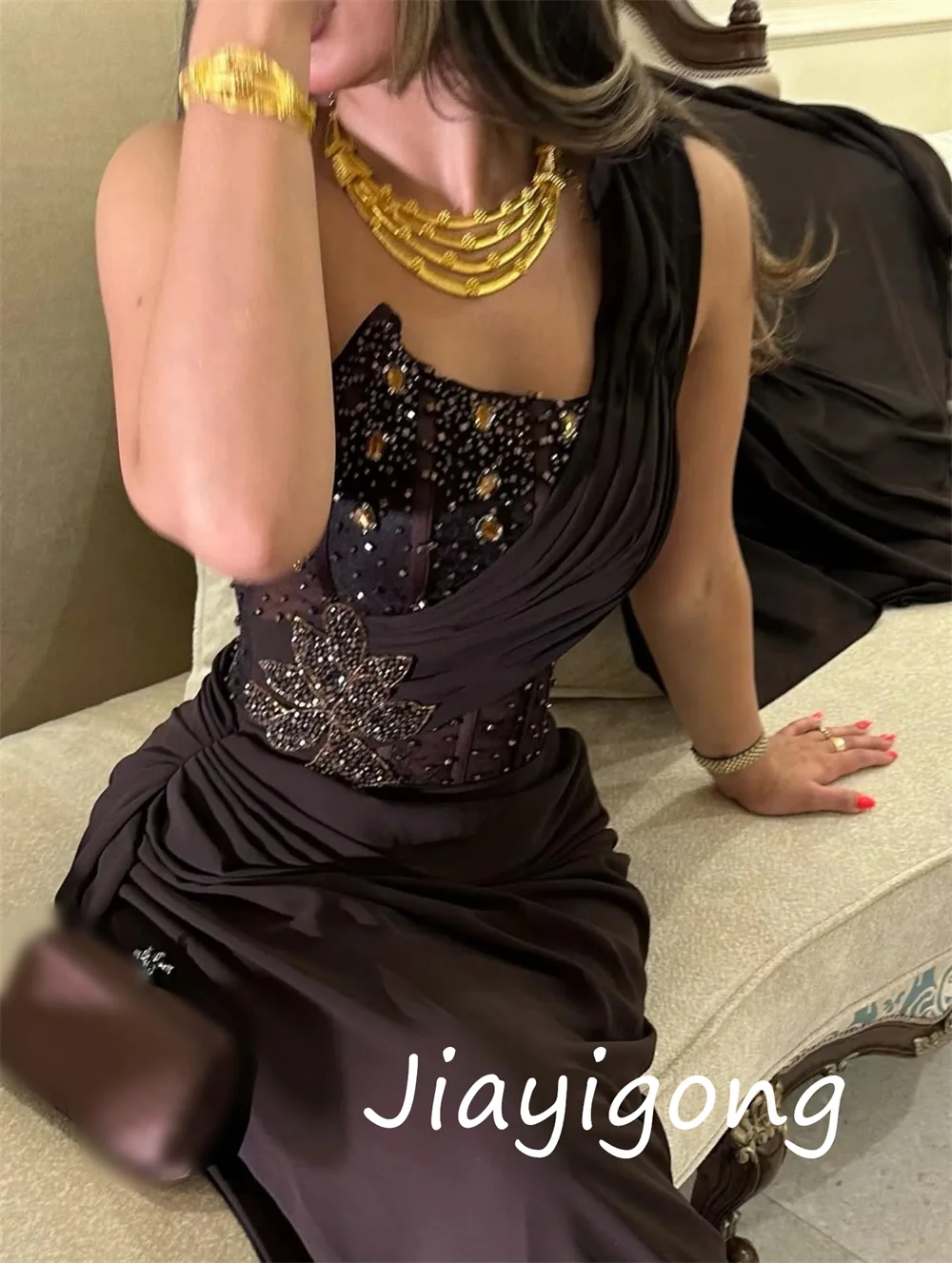 Customized Exquisite Jersey Sequined Pleat A-line One-shoulder Long Dresses Bespoke Occasion High Quality image 3