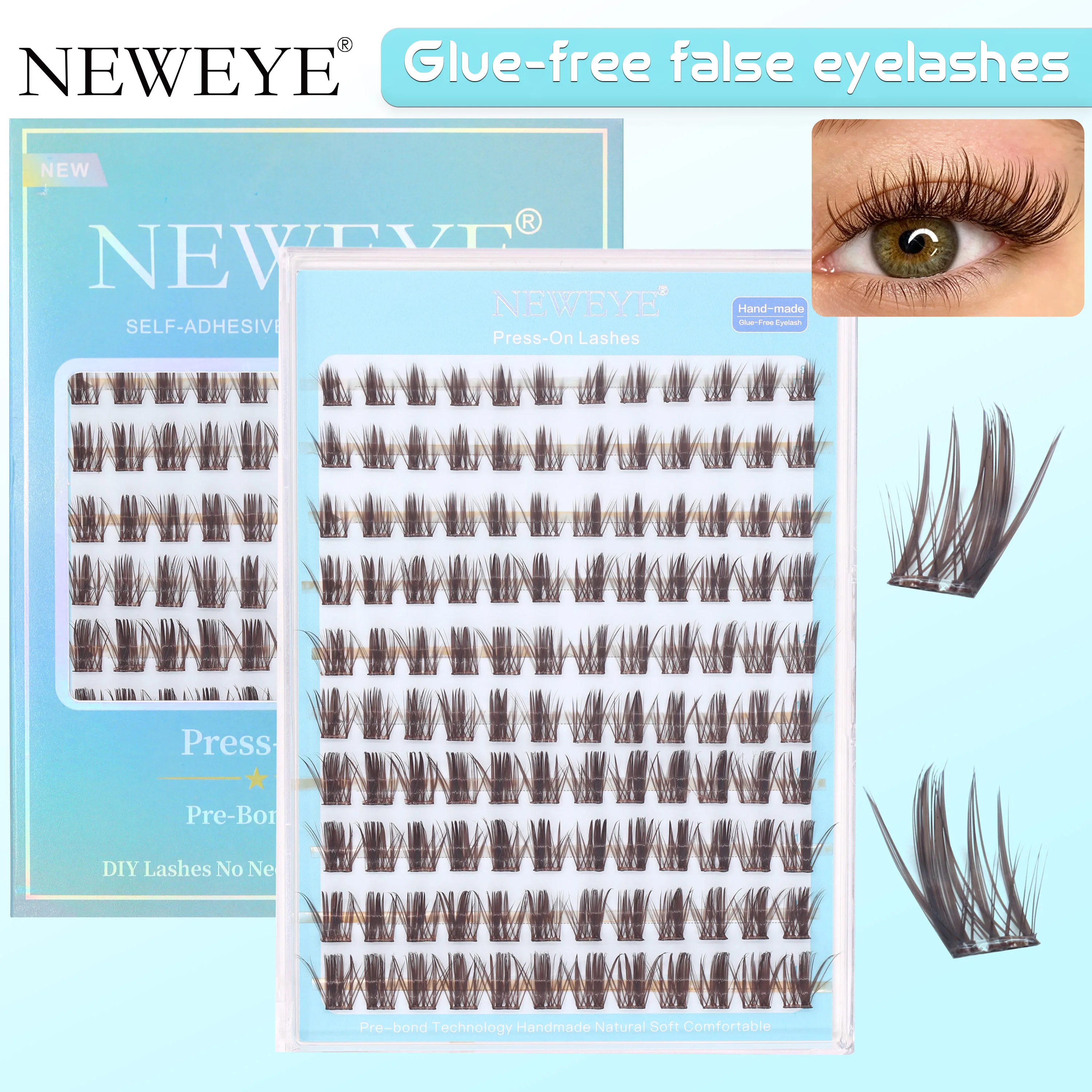 10Rows New Packing Brown Upper Lashes Noglue DIY Eyelash Extension Natural And Long Style 8-16mm Curly Free Pre Bond Eye Makeup