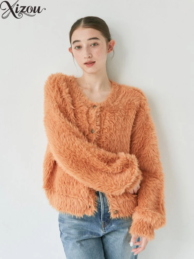 

Женский вязаный кардиган из мягкого искусственного меха норки с круглым длинным рукавом и пуговицами, свободный крой, теплый пушистый сексуальный сладкий осенне-зимний весенний топ