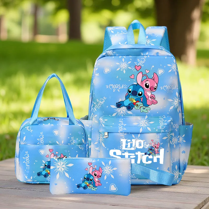Juego de mochila Stitch de 3 piezas, diseño de dibujos animados vibrantes, bolso escolar de nailon duradero, compartimento para tableta, incluye bolso y estuche para lápices