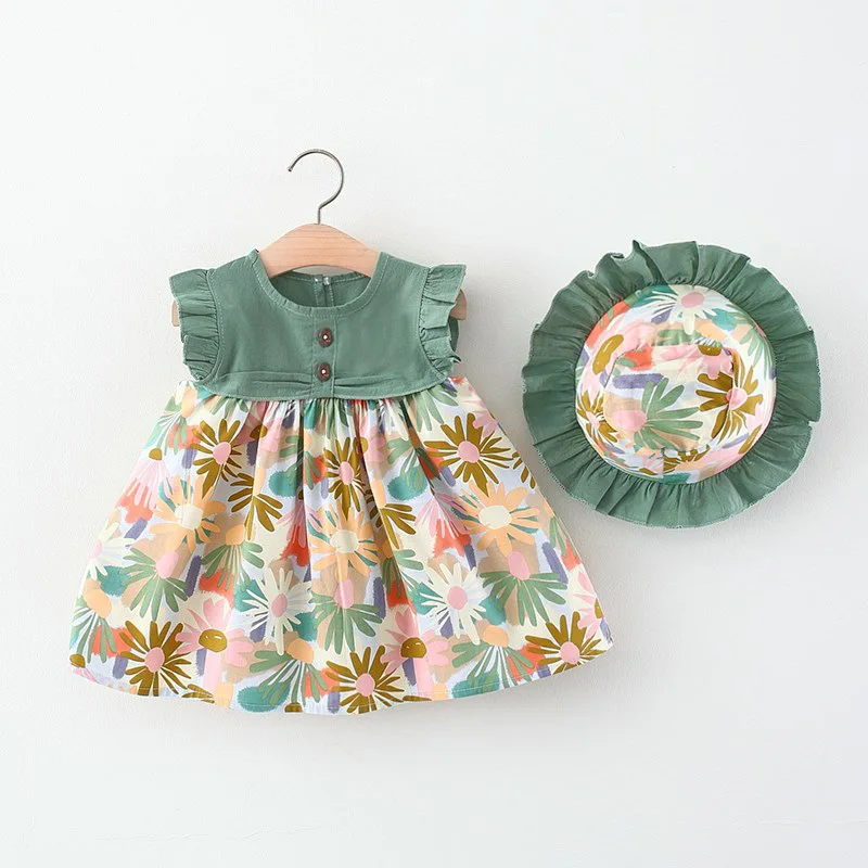 2 Pcs New Summer Baby Girl Floral Dress Girl Sleeveless Pure Cotton Newborn Birthday Dress Comes with Sun Hat