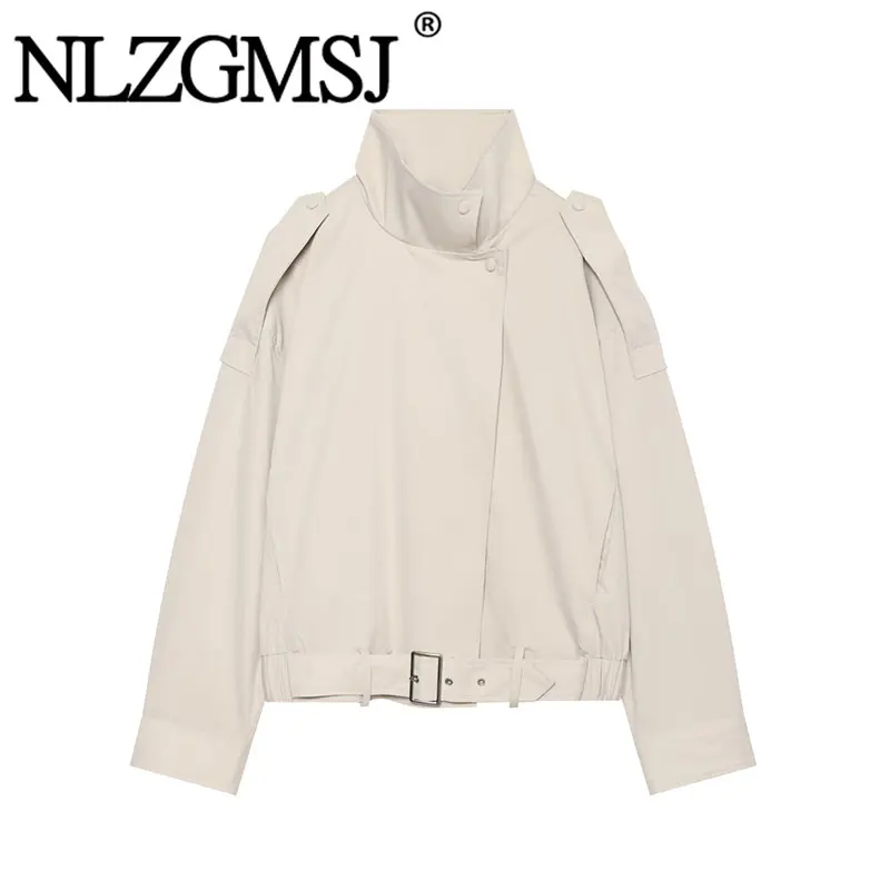 Nlzgmsj 2026 Fashion Oversized Outerwear For Women Stand Neck Epaulet Strap Design Buckle Belt Waist Casual Daily Jacketet