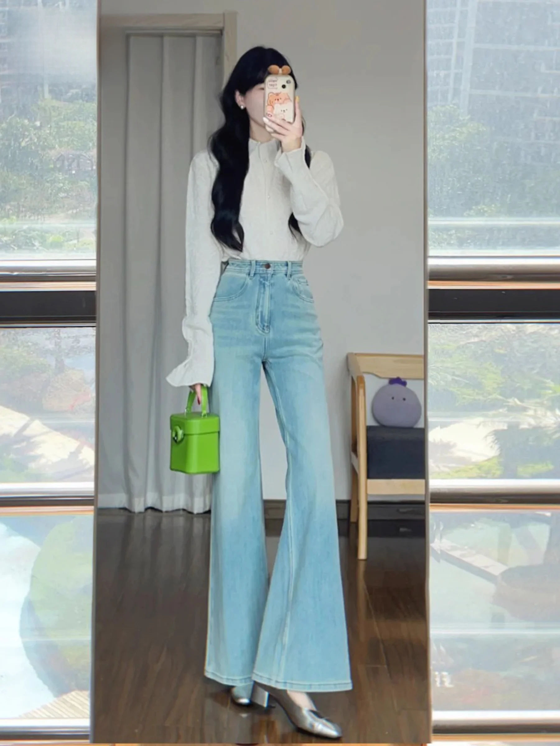 

American Vintage Design Light Blue Women's Jeans High Waist Loose Fit Spring Summer Casual High Waist Bell Bottoms