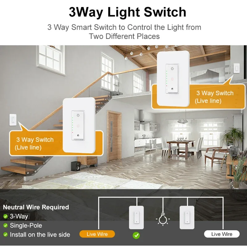 3 Way US WiFi Dimmer Switch Smart LED Light 110V Dimmable Switches Netural Wire Required Remote Control For Alexa Google Home