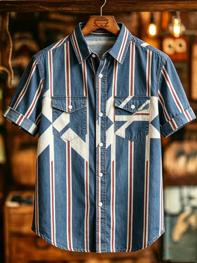 

Mens Short Sleeve Shirt Double Pocket Turn Down Collar Blue Red Stripe Cross Geometric Print Casual Summer Shirt
