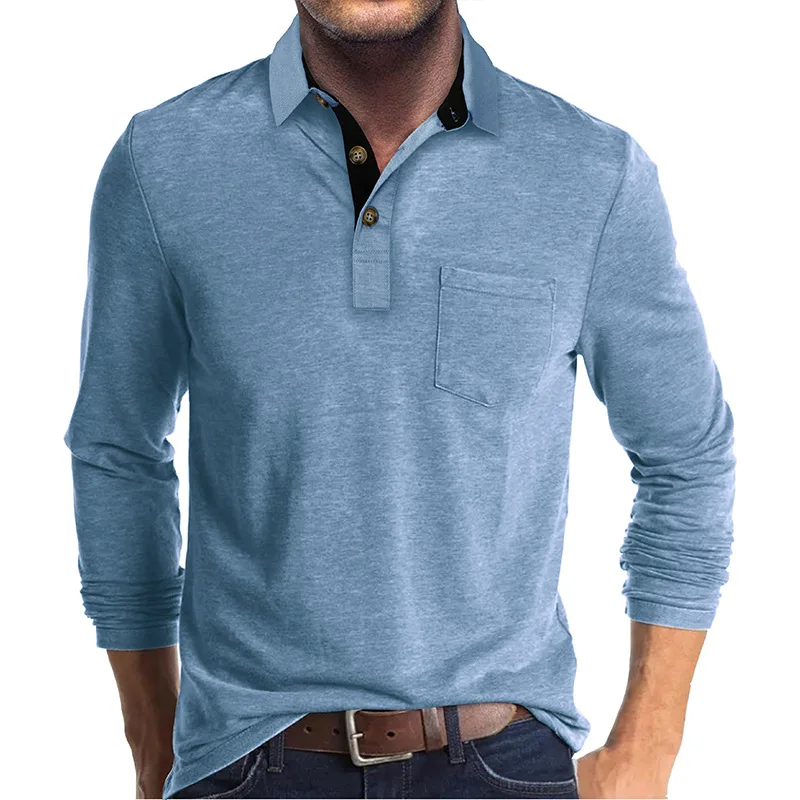Frühling Trend männer Langarm Casual T-shirt Solide Revers Button Up Pullover Tops Herbst Drehen Unten Kragen Bodenbildung Polo-Shirt – Detail 23