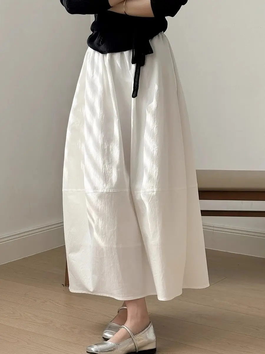 Spring Summer White Long Skirts for Woman Elegant Elastic High Waist Flared Umbrella Skirt Woman Casual Solid A-Line Maxi Skirt