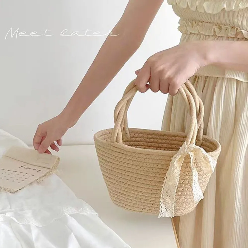 Cotton Thread Woven Cotton Rope Woven Bag Lightweight Boho Storage Basket Pure Color Bucket Shape Handbag Beach Vacation