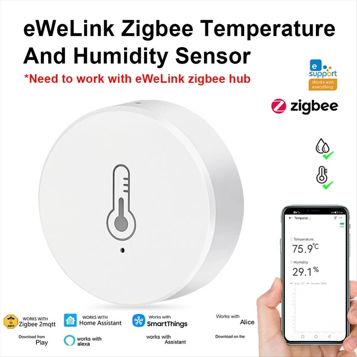Compatible Zigbee Temperature and Humidity Sensor Mini Temperature Humidity Detector with for EWelink App Control