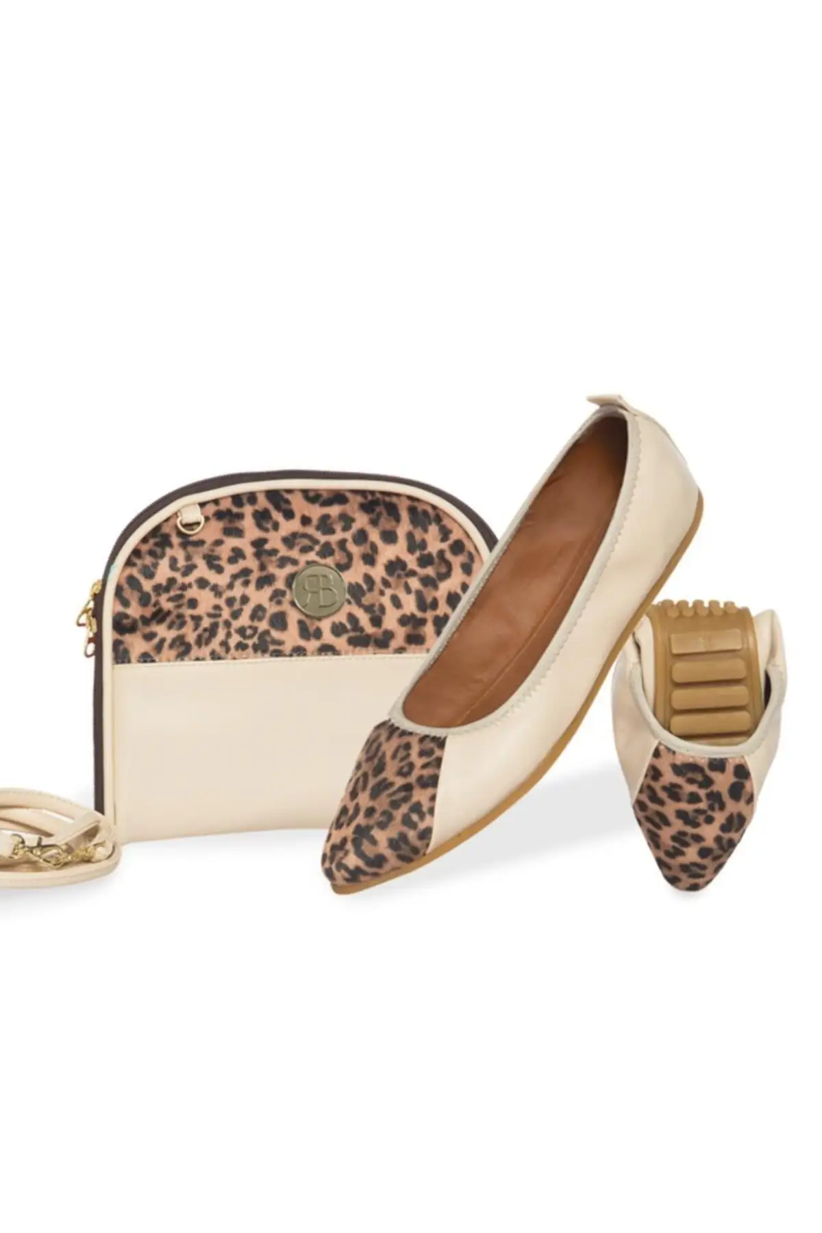 Women's Beige Leopared Venus Ballerina Shoes Bag Set