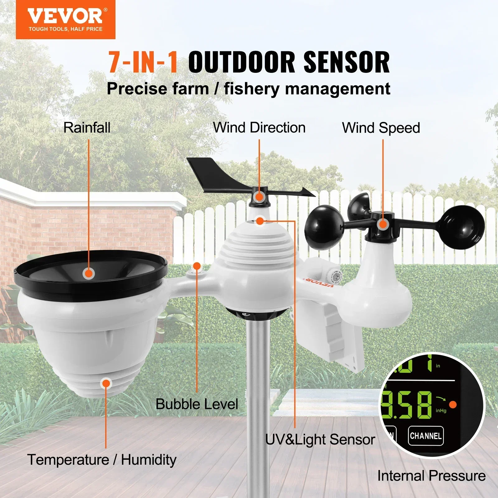 VEVOR  Weather Station 7-in-1 7.5 in Color Display with Solar Wireless Outdoor Sensor Alarm Alerts for Temperature Humidity