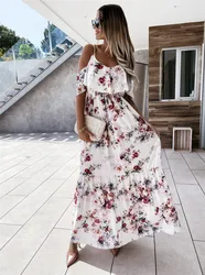 Women Summer Cold Shoulder Dresses Casual Spaghetti Straps Floral Maxi Boho Dress