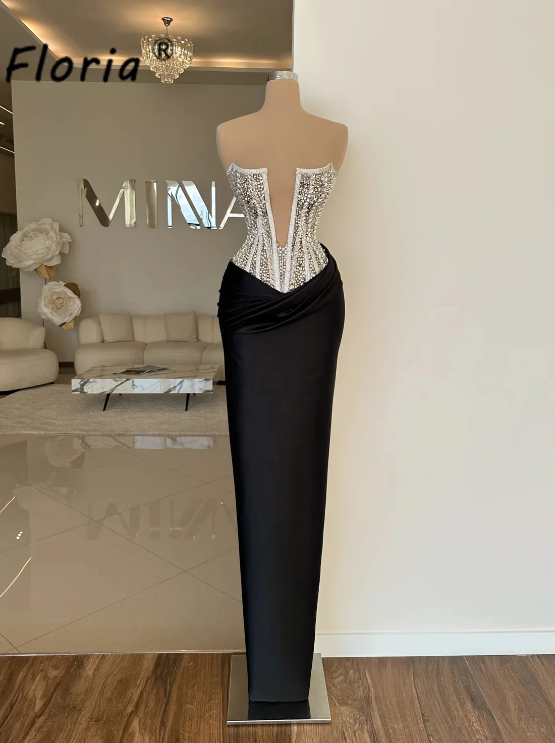 Couture Long Mermaid Evening Dresses Crystal Stones Top Black Satin Floor Length Prom Dress Night Party Gowns Arabic Vestidos