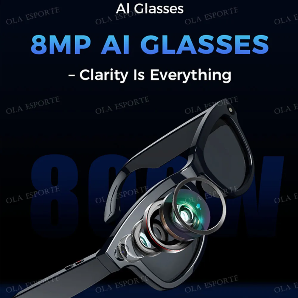 Okulary Ola Esporte AI Smart Camera Glasses 2025 z kamerą 8MP o wysokiej rozdzielczości, asystentem głosowym, połączeniami Bluetooth, odtwarzaczem muzyki i funkcjami inteligentnych okularów przeciwsłonecznych.