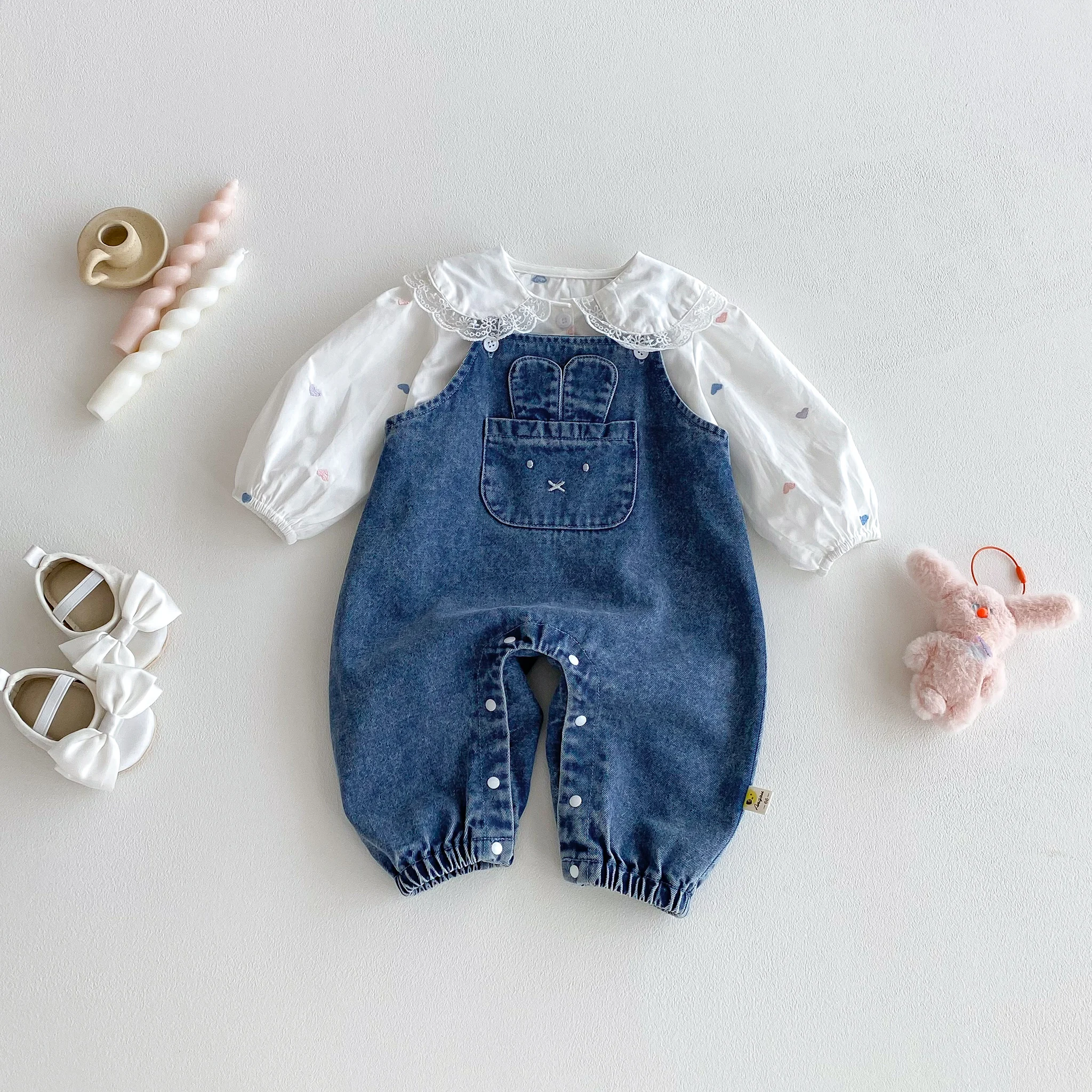 Baby Denim Overalls, One-Piece Jeans with Large Pockets and Rabbit Ears for Outdoor Casual Wear