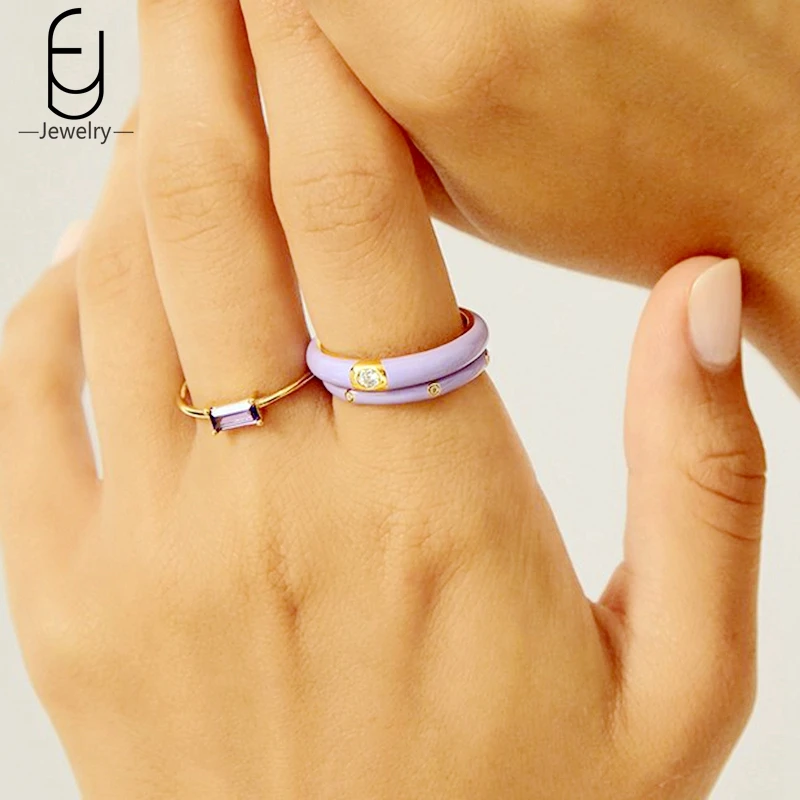 Colorful Enamel Summer 18K Gold Rings Shiny Moissanite Rings Fashion Wedding Engagement Rings for Women Party Trend Jewelry