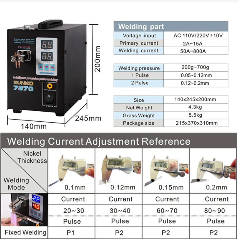 SUNKKO 2.8kw 737G Spot Welding Machine 110v/220v Pulse Lithium Battery Touch spot Welder Machine Can Welding 0.15mm Nickel Sheet