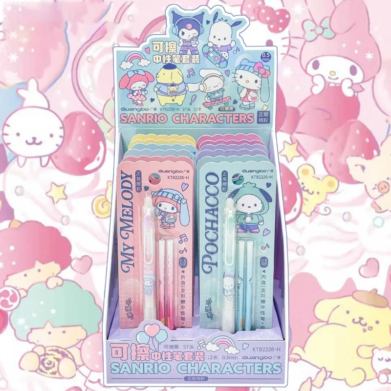 

12set/lot Sanrio Melody Kuromi Cinnamoroll Kitty Erasable Set Gel Pen Set Cute 0.5mm Blue Ink Neutral Pens Office School Supply